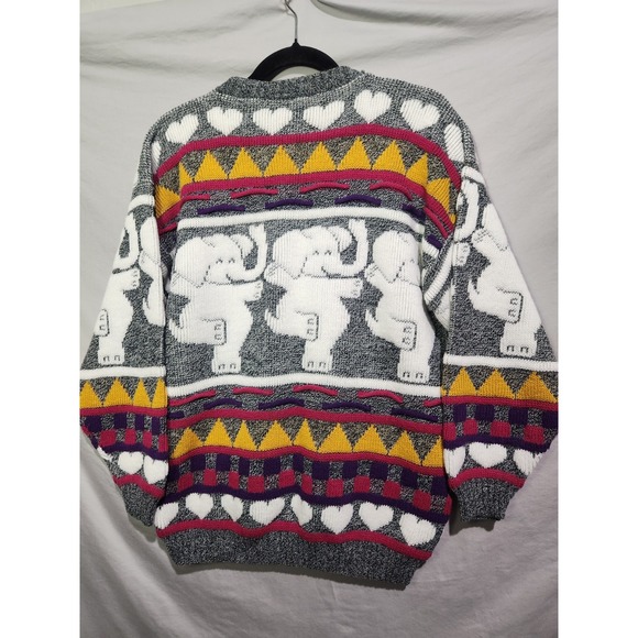 80's ROSE Acrylic Dancing Elephants & Hearts Chunky Knit Acrylic Sweater Medium - Picture 2 of 8